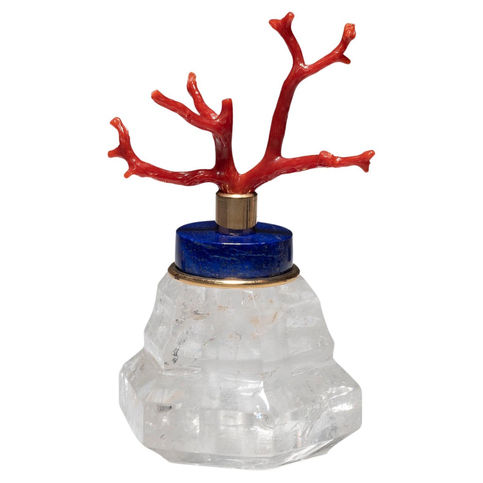 Rock Crystal Base Supporting a Lapis Lazuli Mediterranean Coral Branch