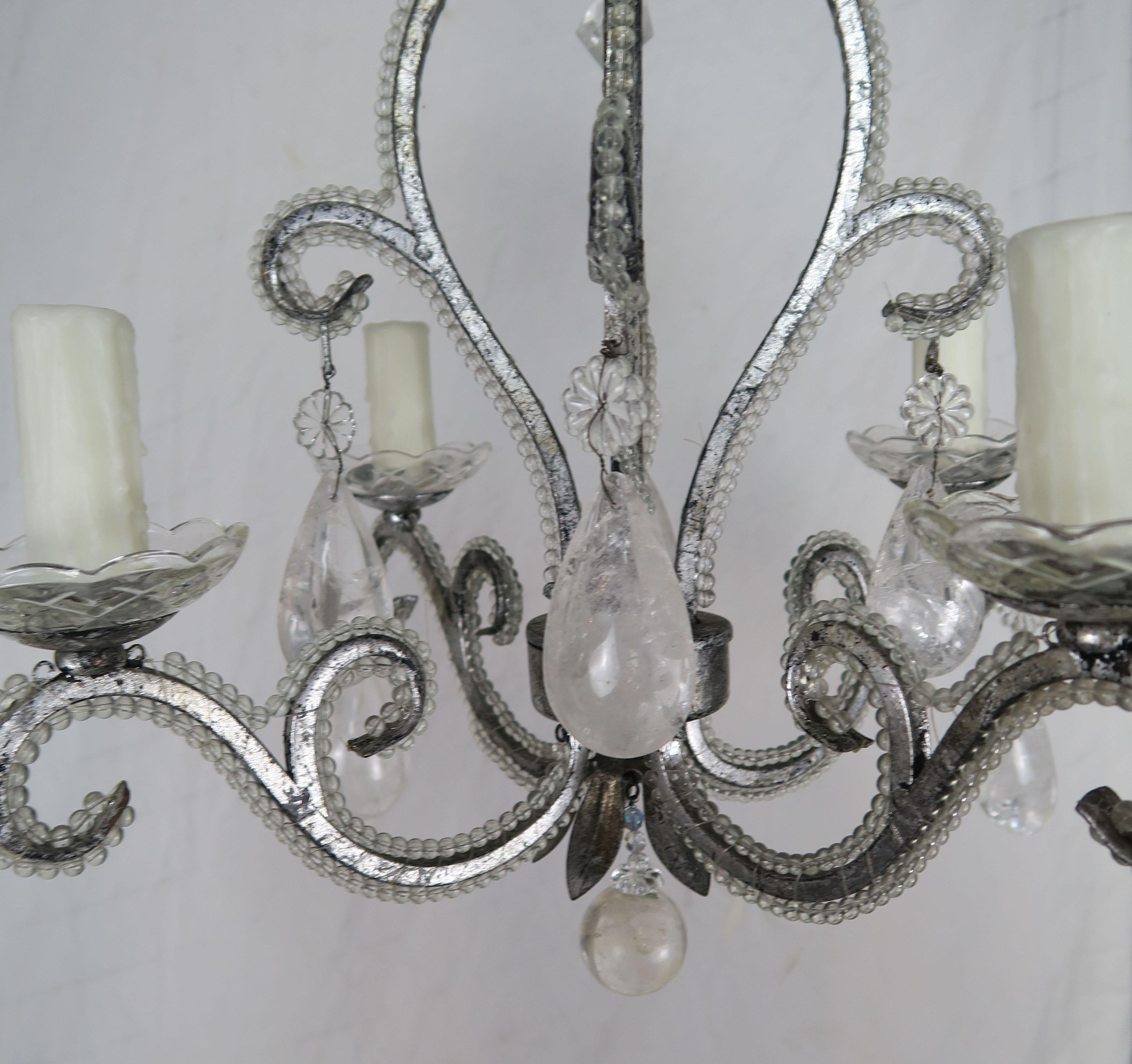 Rock Crystal Beaded Silver Gilt Metal Chandelier 1