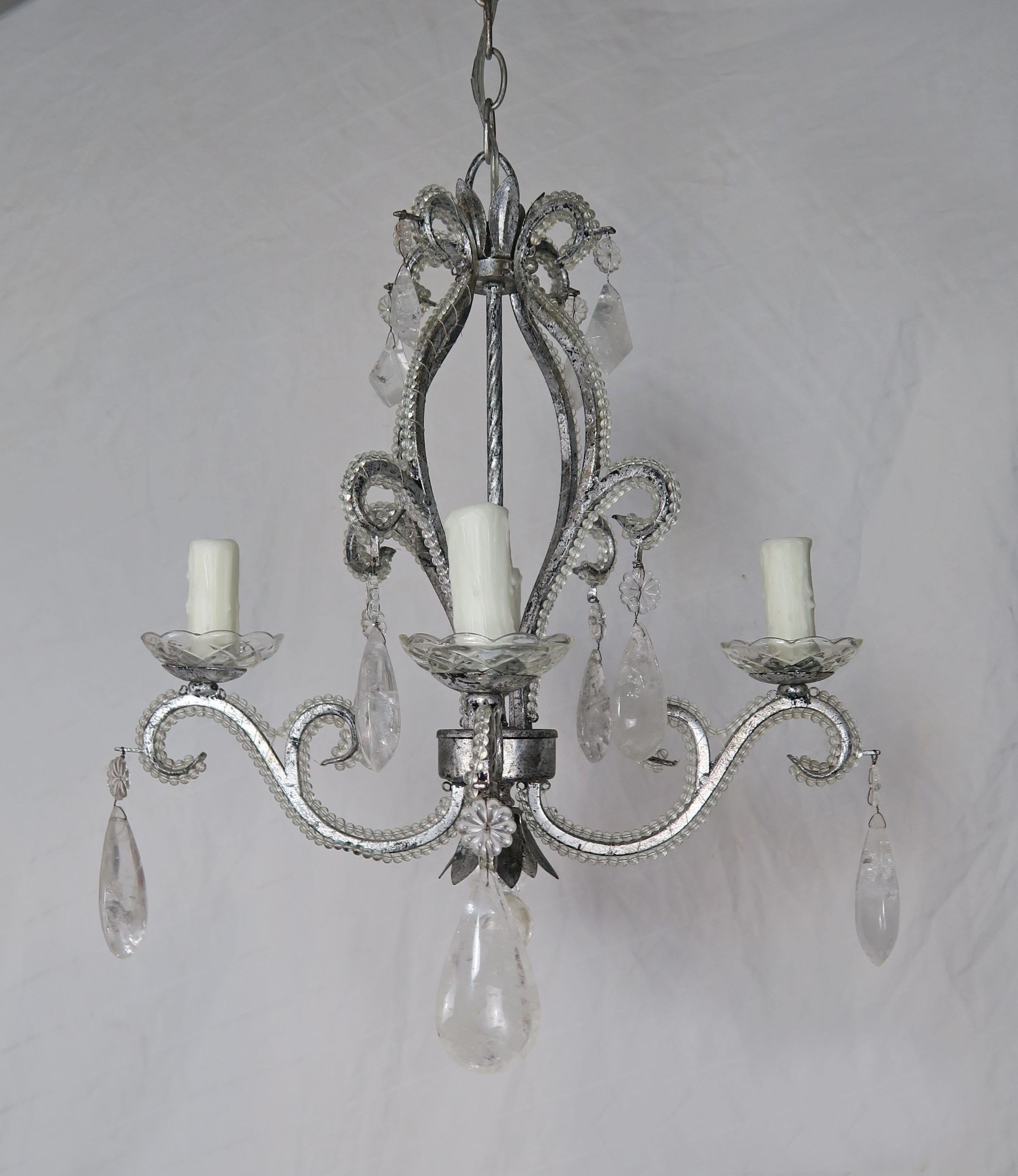 Rock Crystal Beaded Silver Gilt Metal Chandelier 3