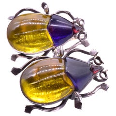 Antique Rock Crystal Beetle Earrings in Yellow and Purple, Gold Shephers Hook Earwires