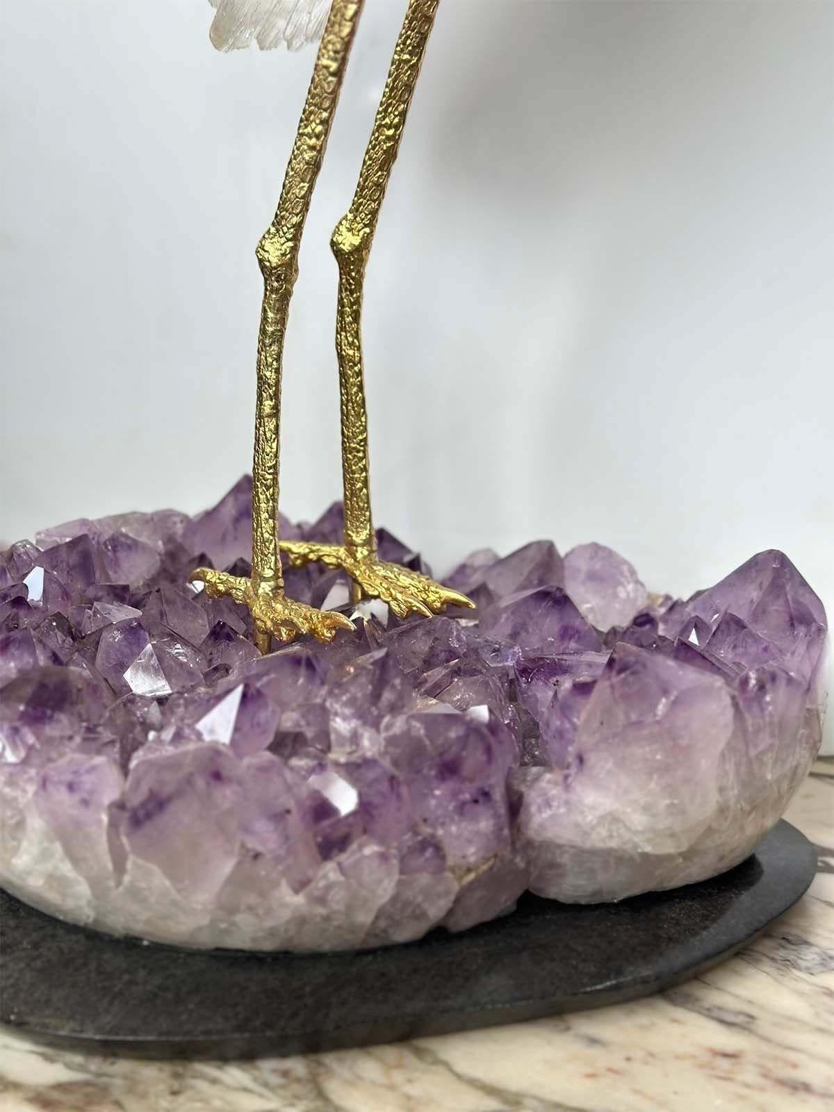 Rock Crystal Bird Sculpture with Amethyst Stand In Good Condition For Sale In Los Angeles, CA