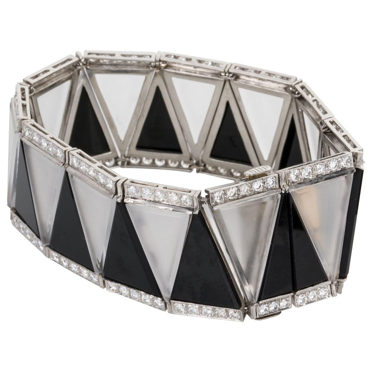 Art Deco Platinum Bracelet with Rock Crystal, Black Onyx & Diamonds For Sale