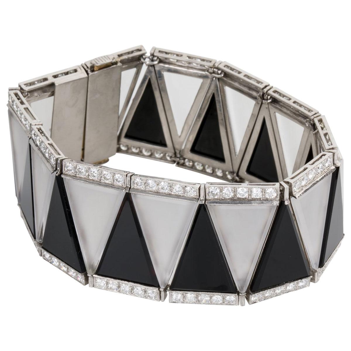 Round Cut Platinum Bracelet with Rock Crystal, Black Onyx & Diamonds For Sale