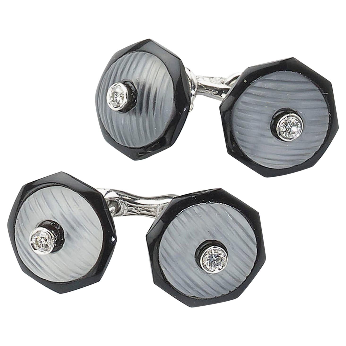 Modern Diamond Rock Crystal Black Onyx and White Gold Cufflinks