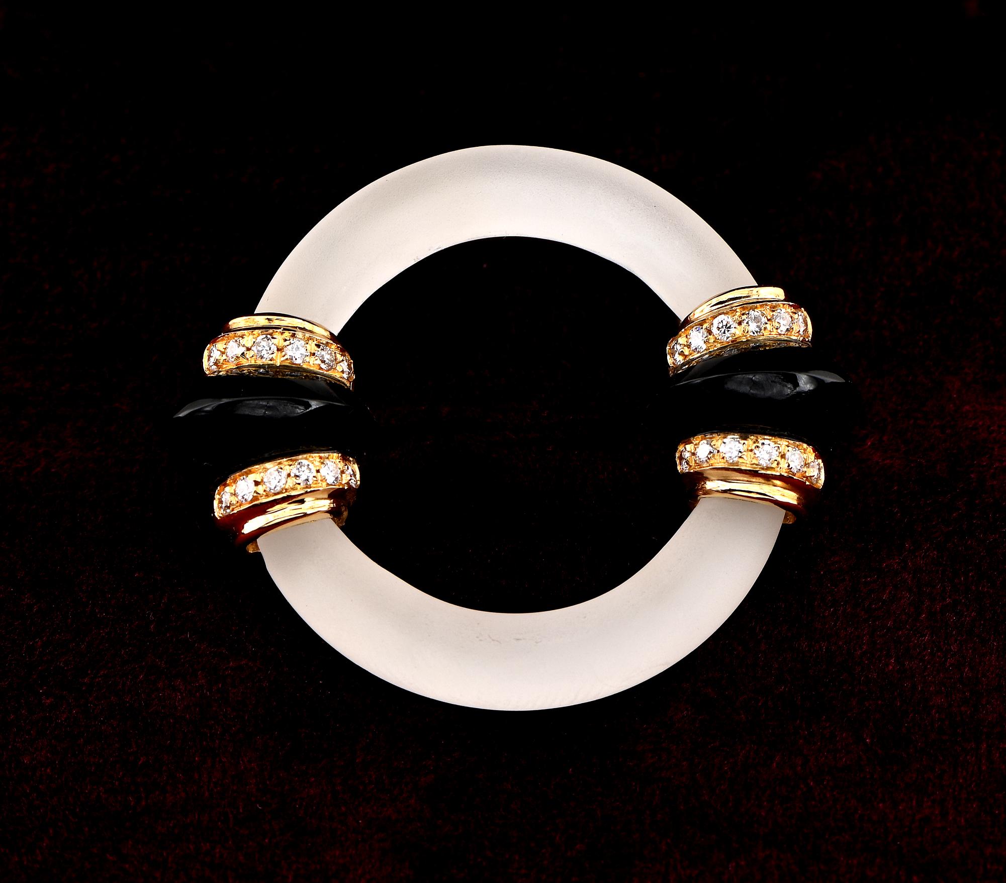 Dazzled By Pattern
This vintage brooch is 1945/50 ca – Italian origin
Stunning geometric circle shape supported by extra elements on sides, hand crafted of solid 18 KT gold, Italian hallmarks
Vintage Rock Crystal Black Onyx and Diamond brooches were