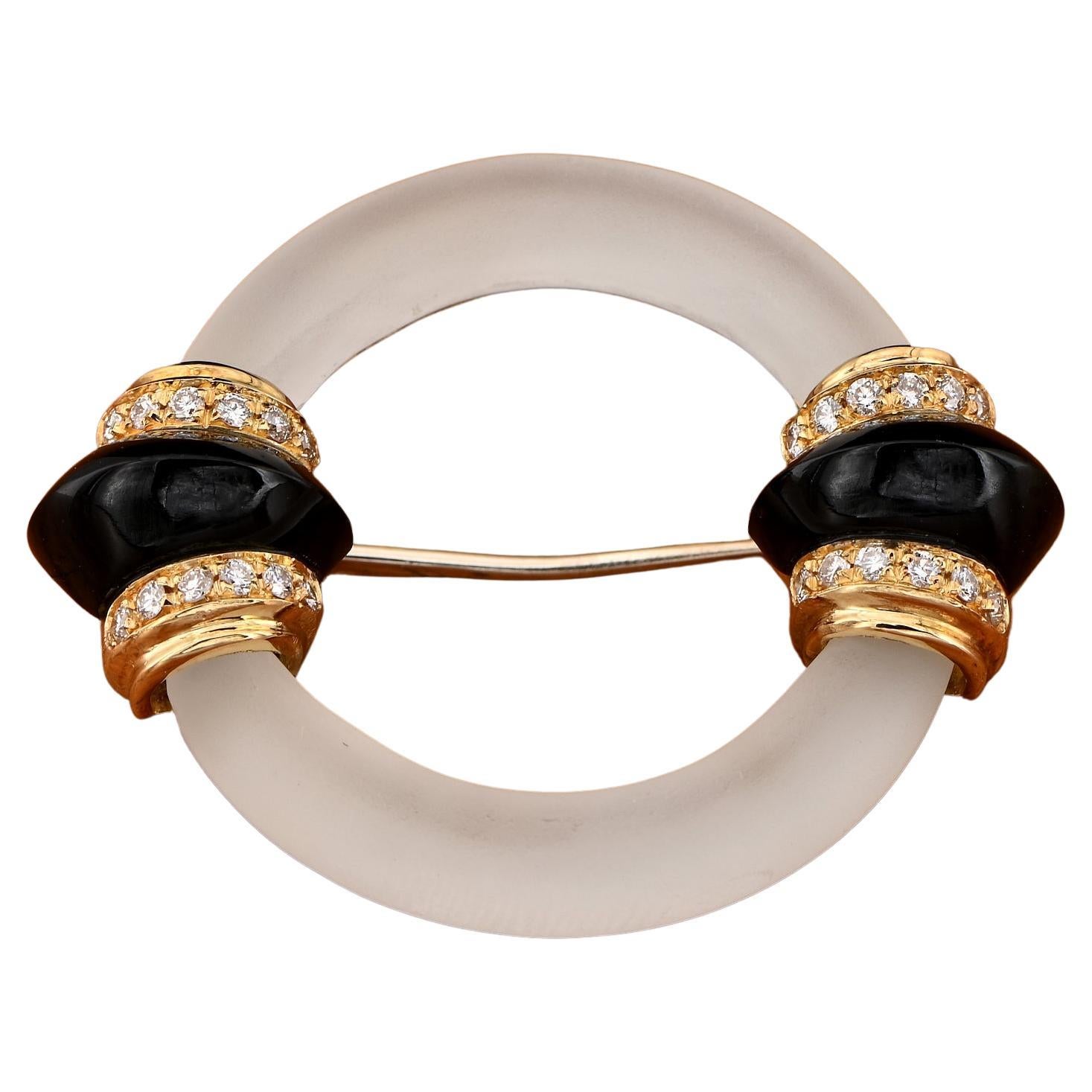 Bergkristall-Brosche mit schwarzem Onyx und Diamanten 18 KT