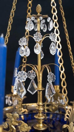 Rock Crystal, Blue Glass and Gilded Bronze Chandelier, Sweden, circa 1830