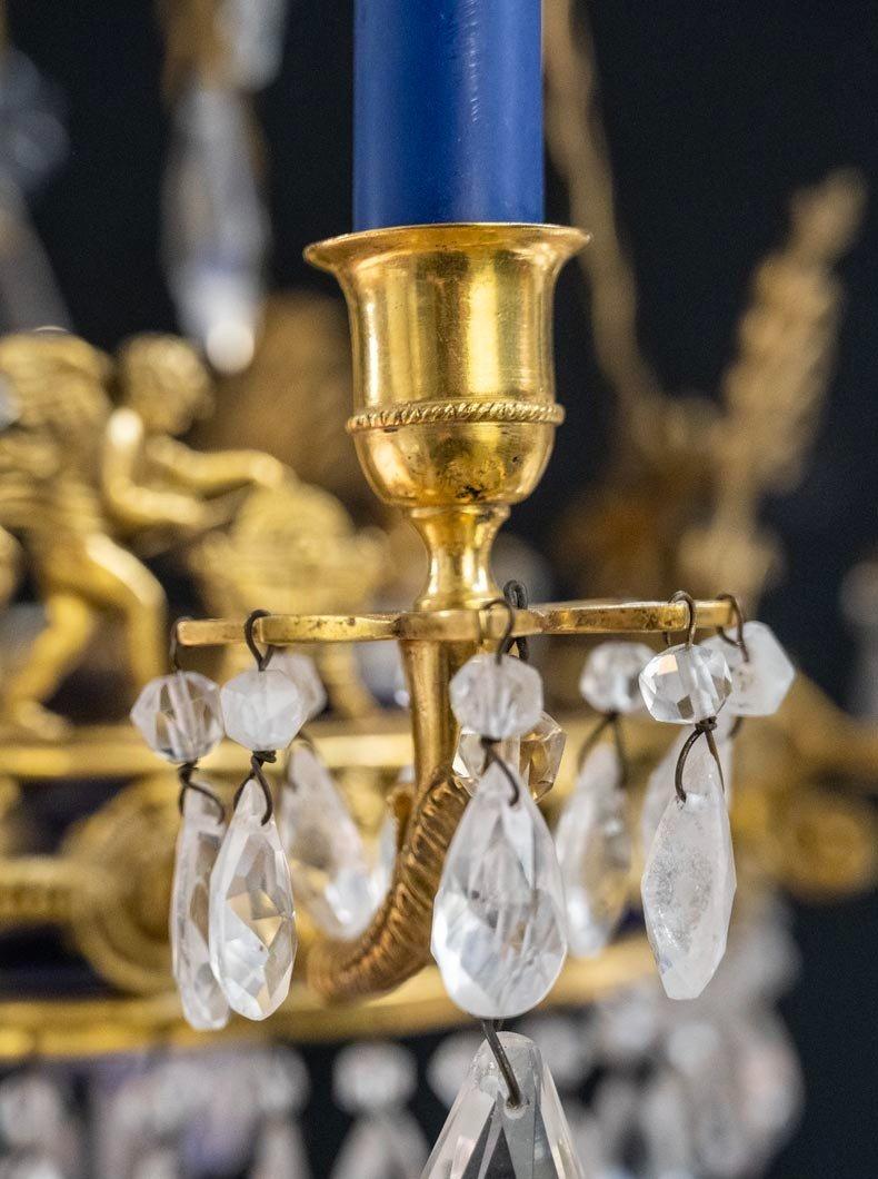 Rock Crystal, Blue Glass and Gilded Bronze Chandelier, Sweden, circa 1830 In Good Condition For Sale In SAINT-OUEN-SUR-SEINE, FR