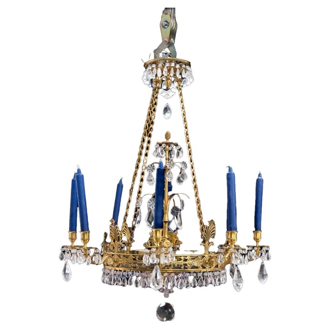 Rock Crystal, Blue Glass and Gilded Bronze Chandelier, Sweden, circa 1830 For Sale