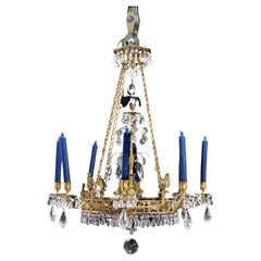 Rock Crystal, Blue Glass and Gilded Bronze Chandelier, Sweden, circa 1830