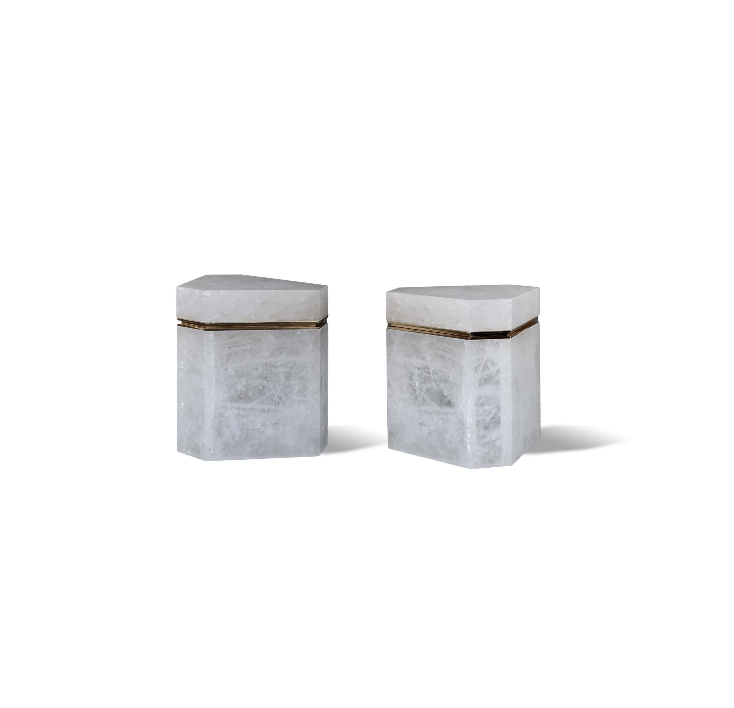 Rock crystal boxes with covers, polish brass decoration. Created by Phoenix Gallery. 
Custom size, metal finish, and quantity upon request.

Dimensions :
Large : 8.75