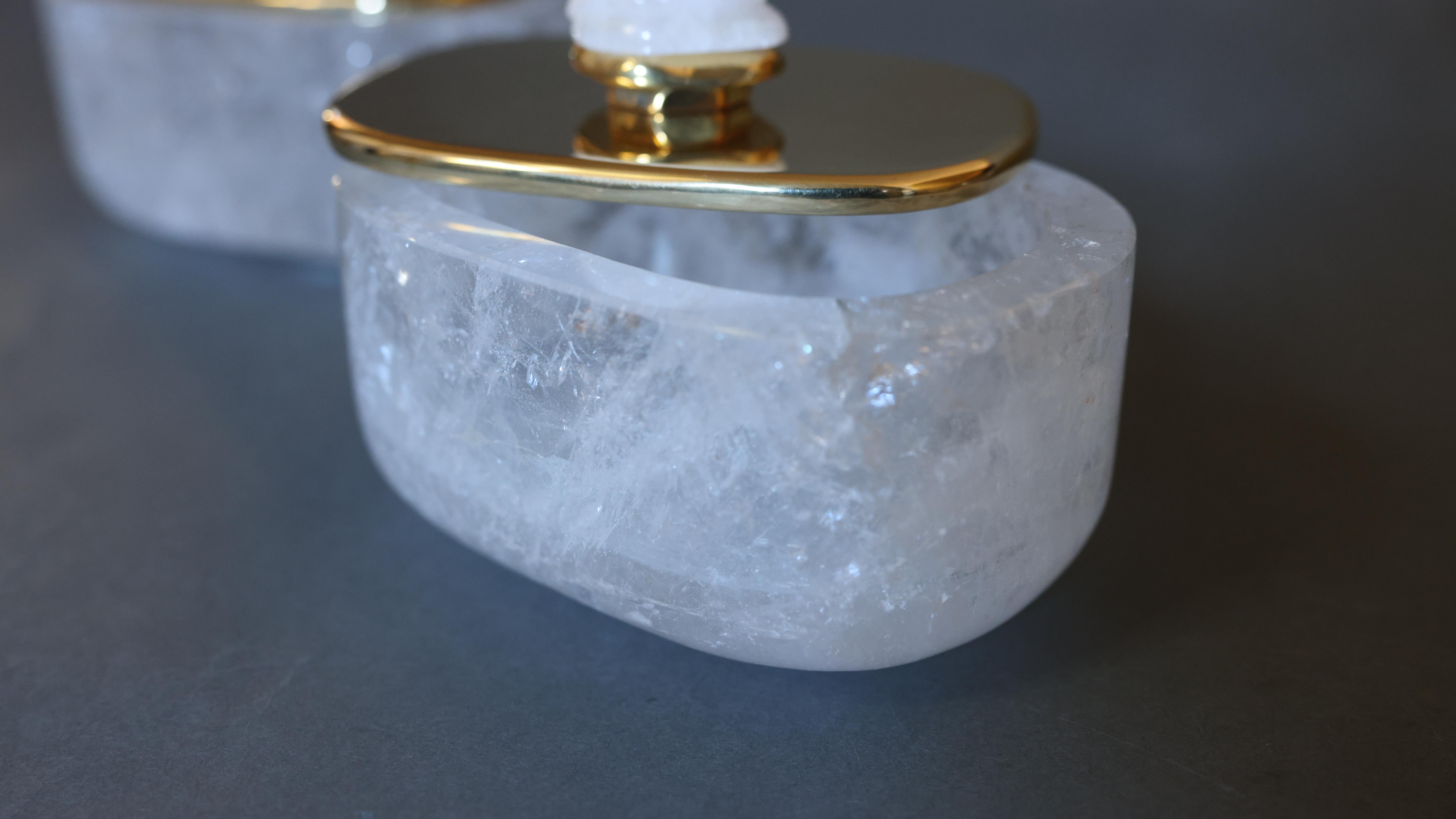 Pair of rock crystal boxes with polish brass covers,
Crated by Phoenix gallery, custom size and metal finish upon request.