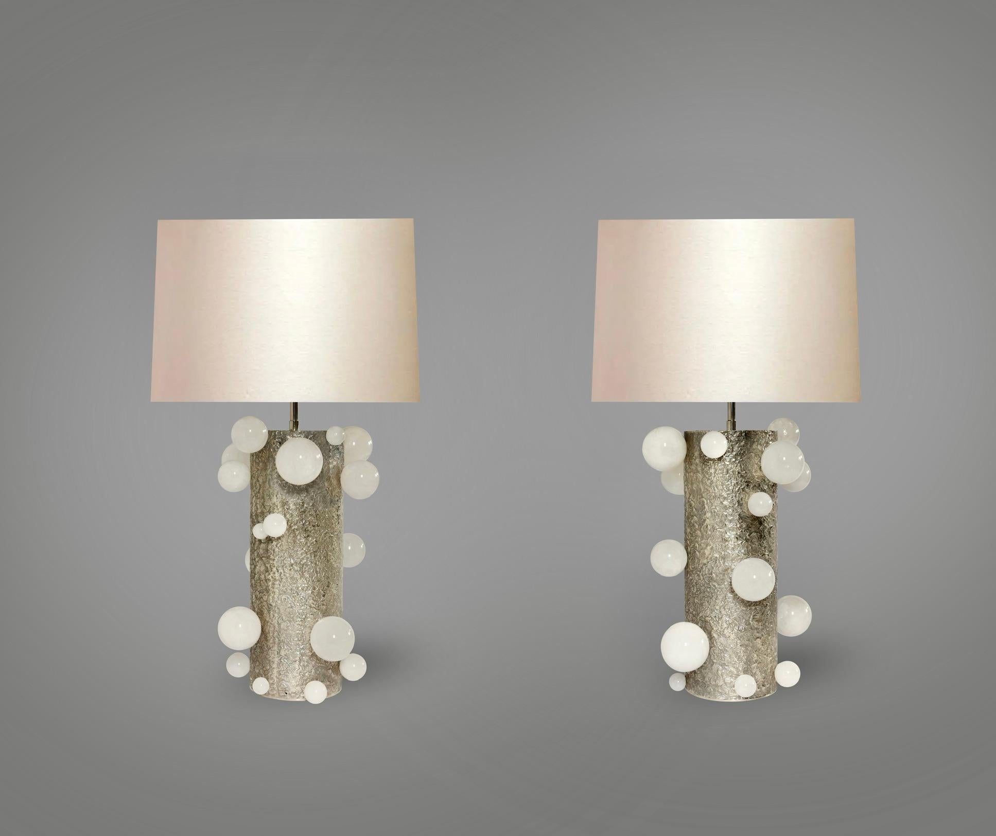 White rock crystal bubbles with hammered nickel finish stand,to the tops of the stand 16.5 inch 
Lamp shades are not included.
Created by Phoenix.
