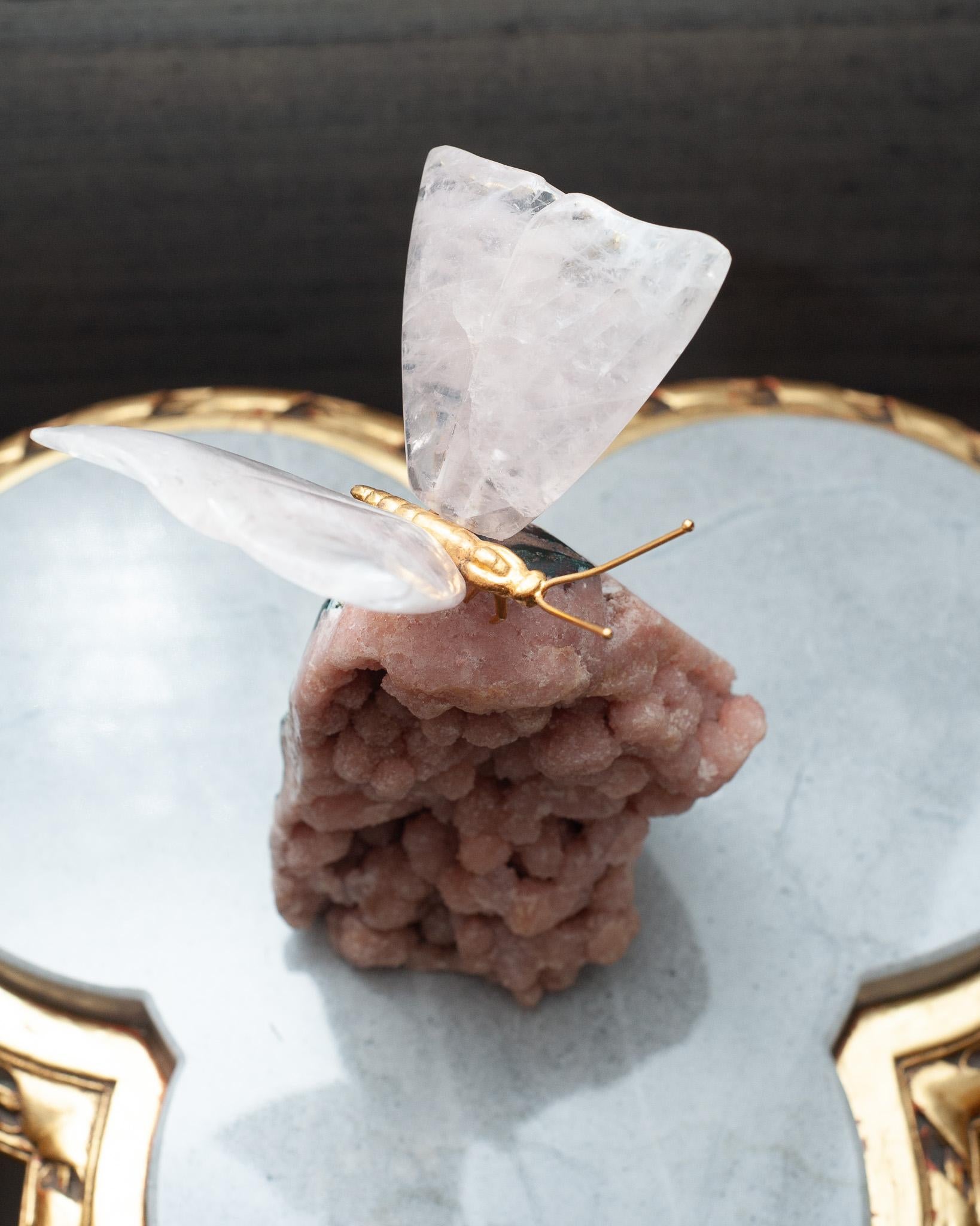 Rock Crystal Butterfly Sculpture on Pink Geode Base In New Condition In Toronto, ON