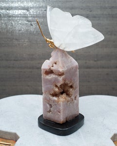 Rock Crystal Butterfly Sculpture on Pink Geode Obelisk Base