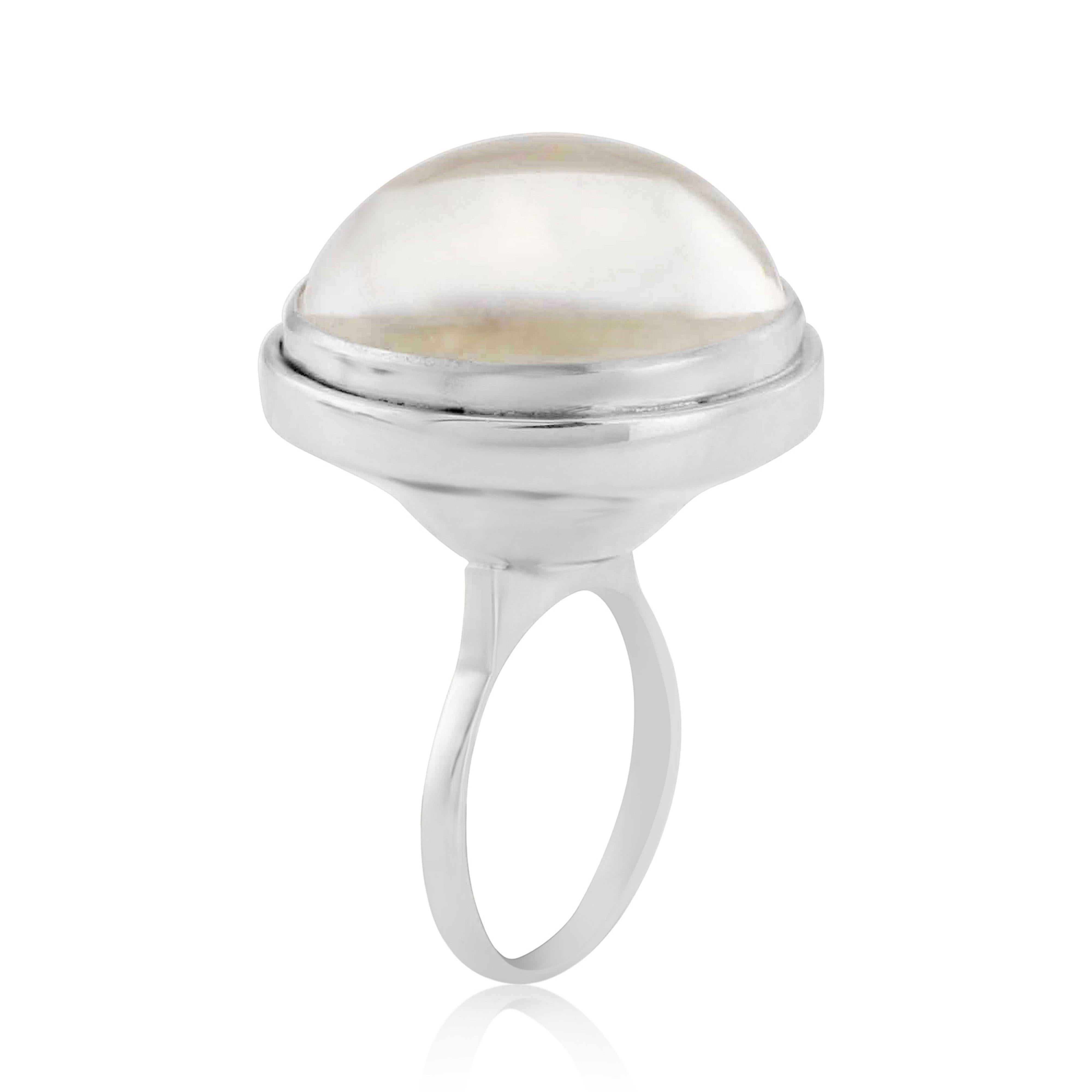 This modern handmade Solid Sterling Silver Ring, set with rock crystal Cabochon is from MAIKO NAGAYAMA's Pret-a-porter Collection called 