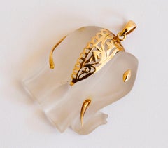 Rock Crystal Carved Elephant and 14 Karat Yellow Gold Pendant