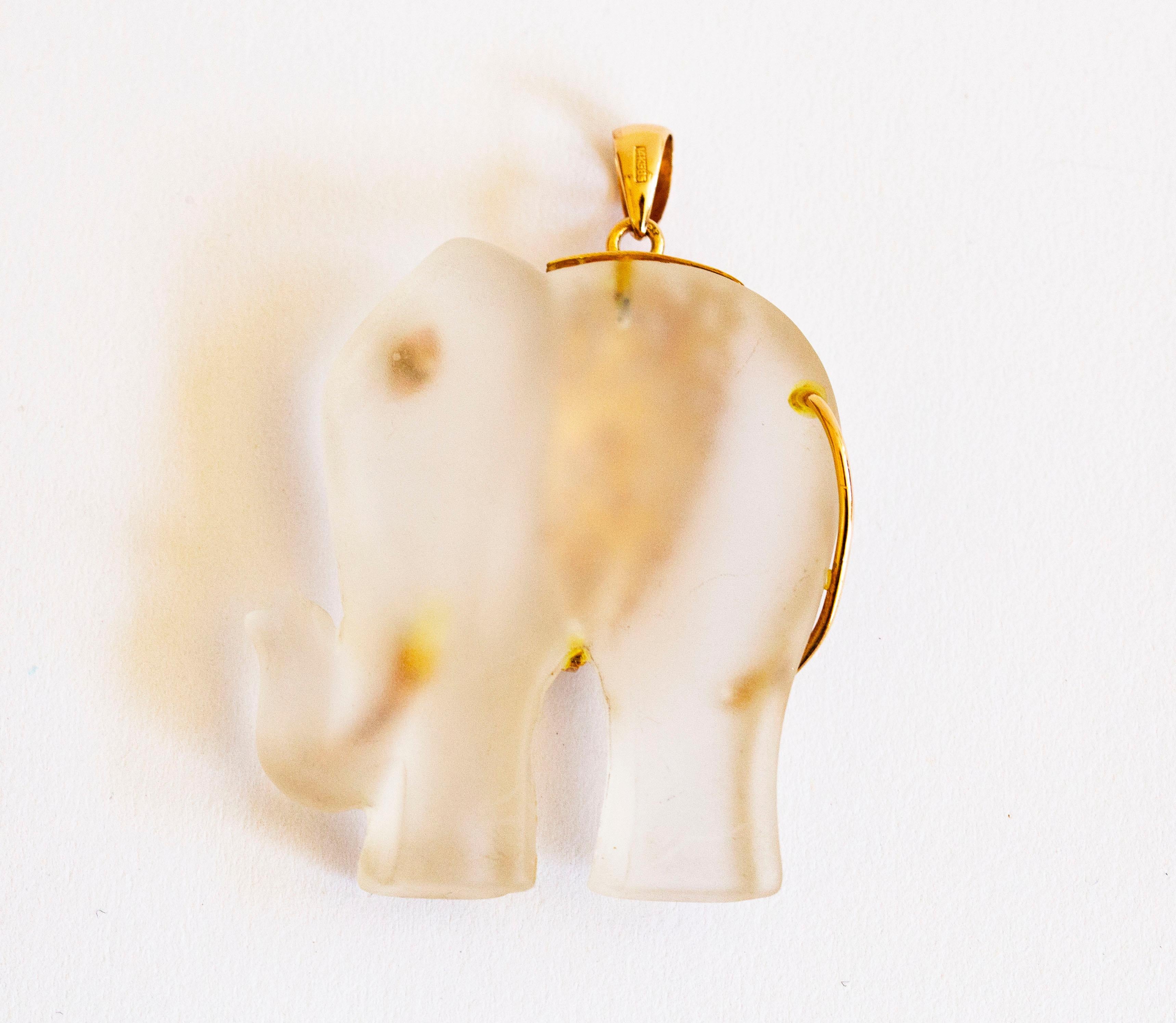 Artisan Rock Crystal Carved Elephant and 14 Karat Yellow Gold Pendant For Sale