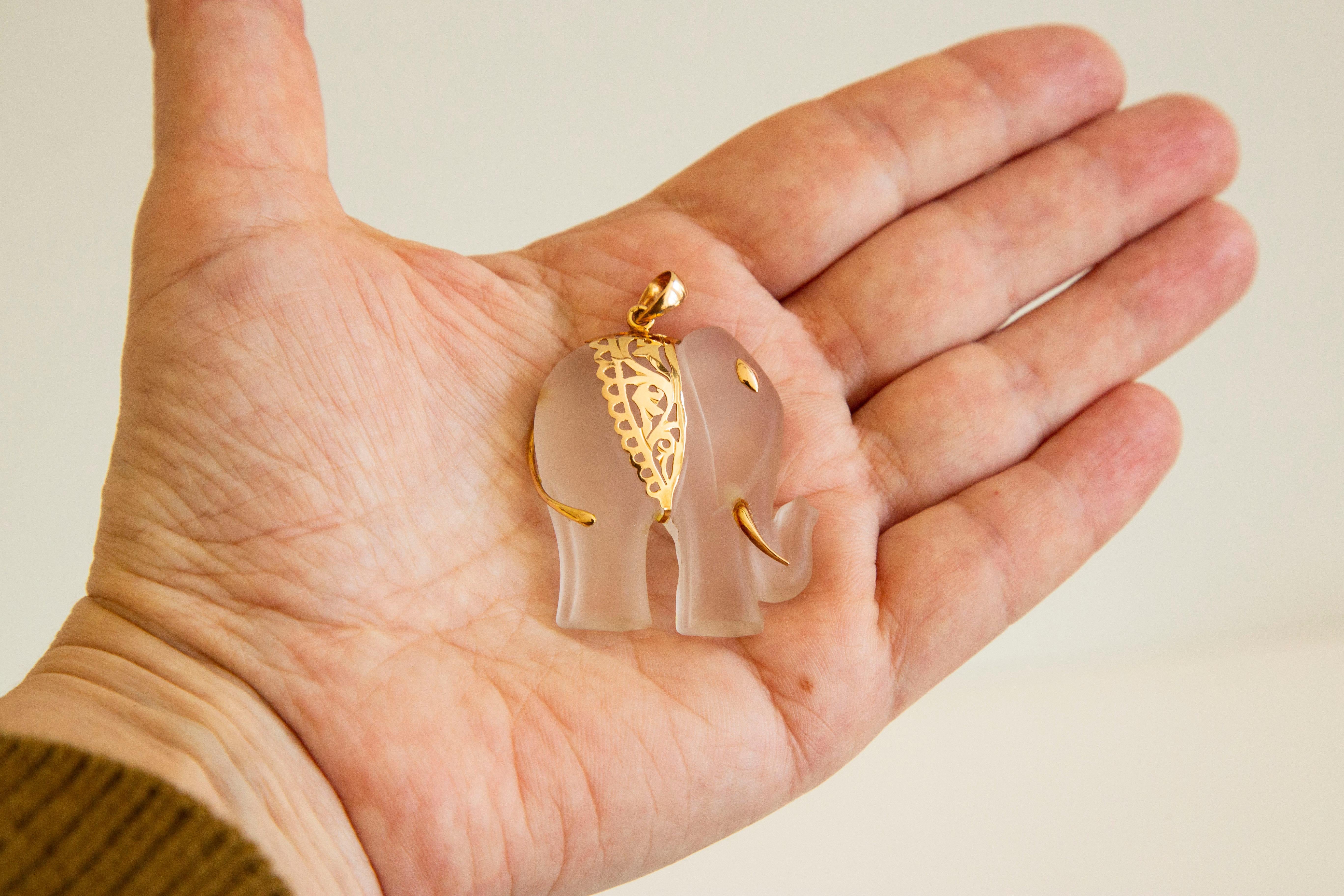 Uncut Rock Crystal Carved Elephant and 14 Karat Yellow Gold Pendant For Sale