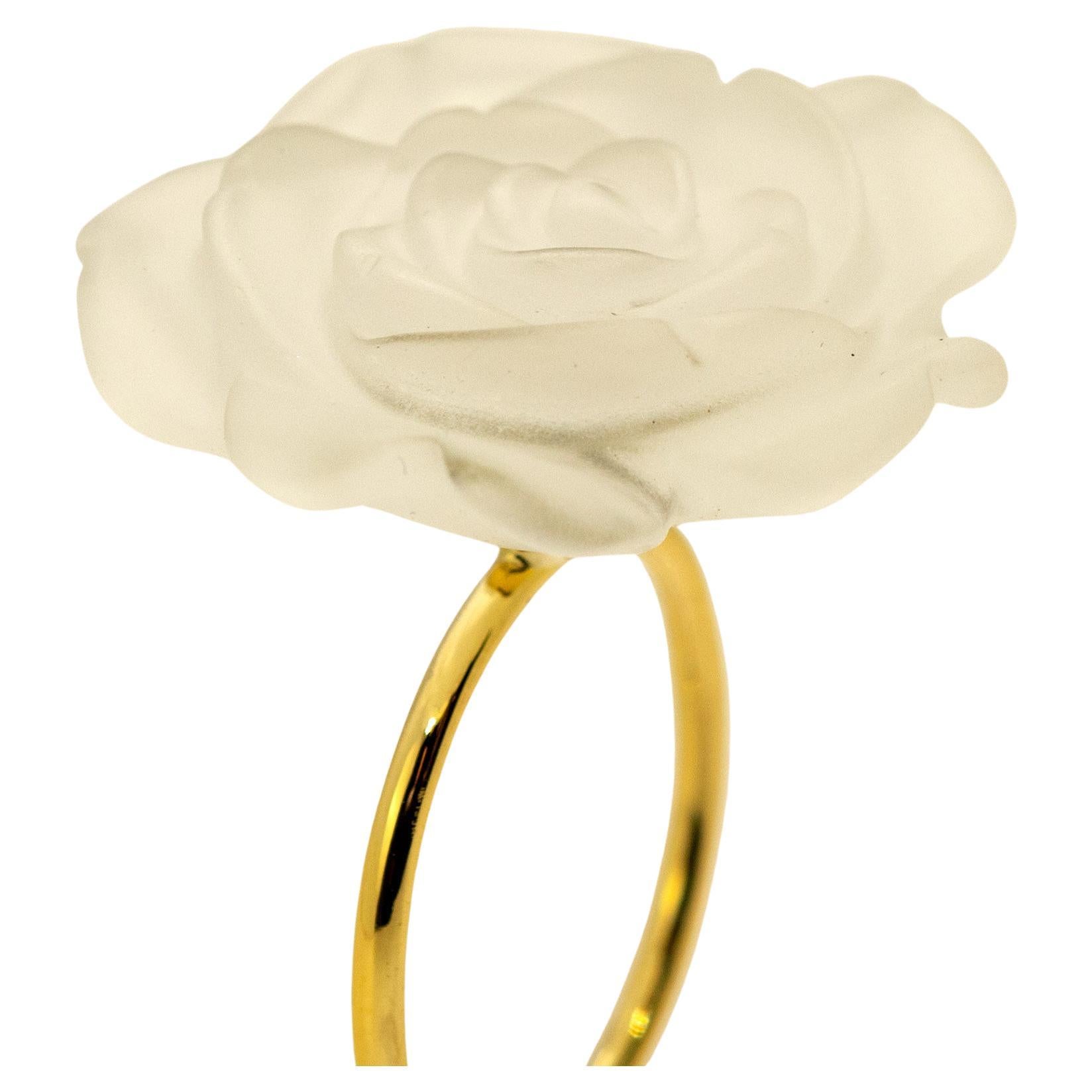 Bergkristall geschnitzte Blume 18 Karat Gelbgold Cocktail Deco Ring Intini Juwelen