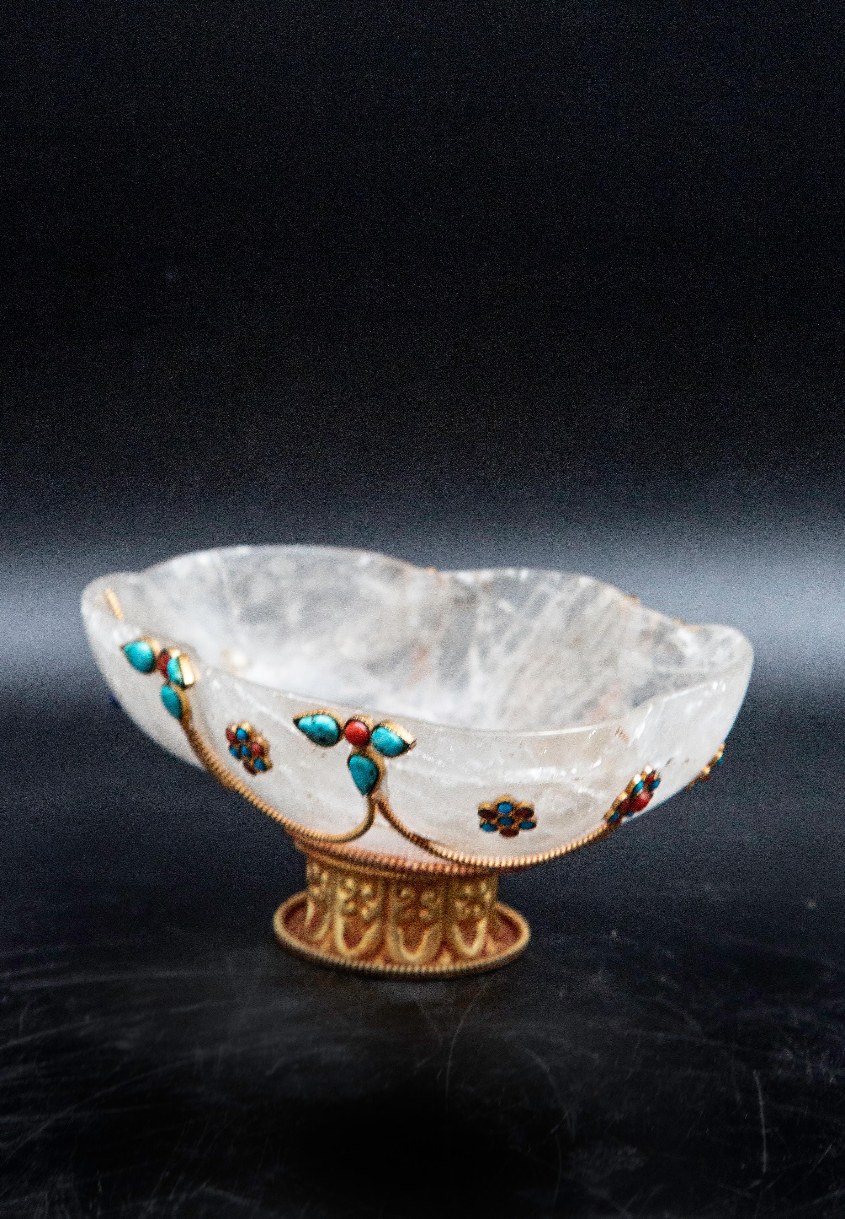 Gilt Rock Crystal Carved Footed Bowl with Turquoise and Coral For Sale