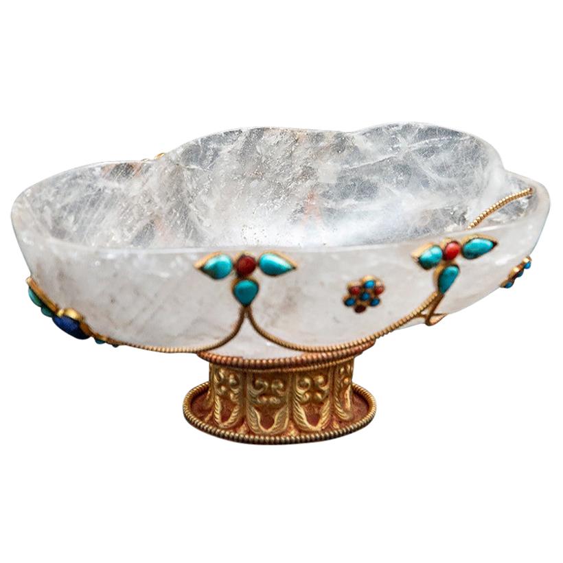 Rock Crystal Carved Footed Bowl with Turquoise and Coral For Sale