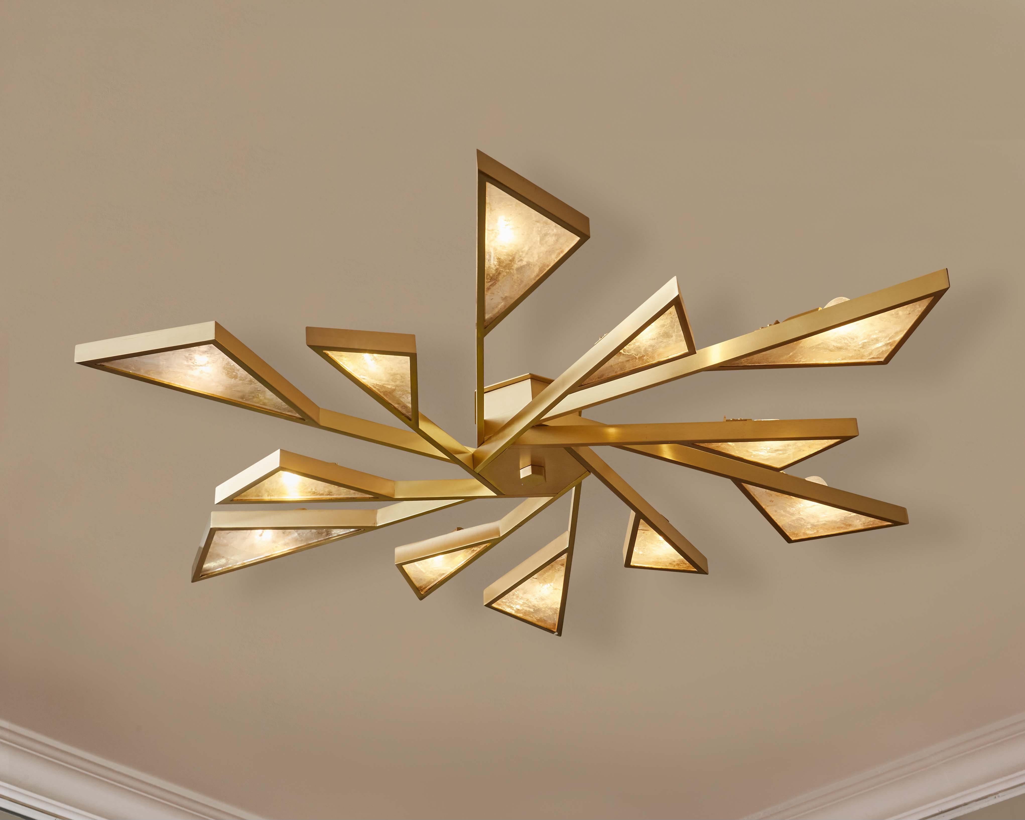 Superb ceiling light in brass and rock crystal plates. 
Creation by Studio Glustin.
 
