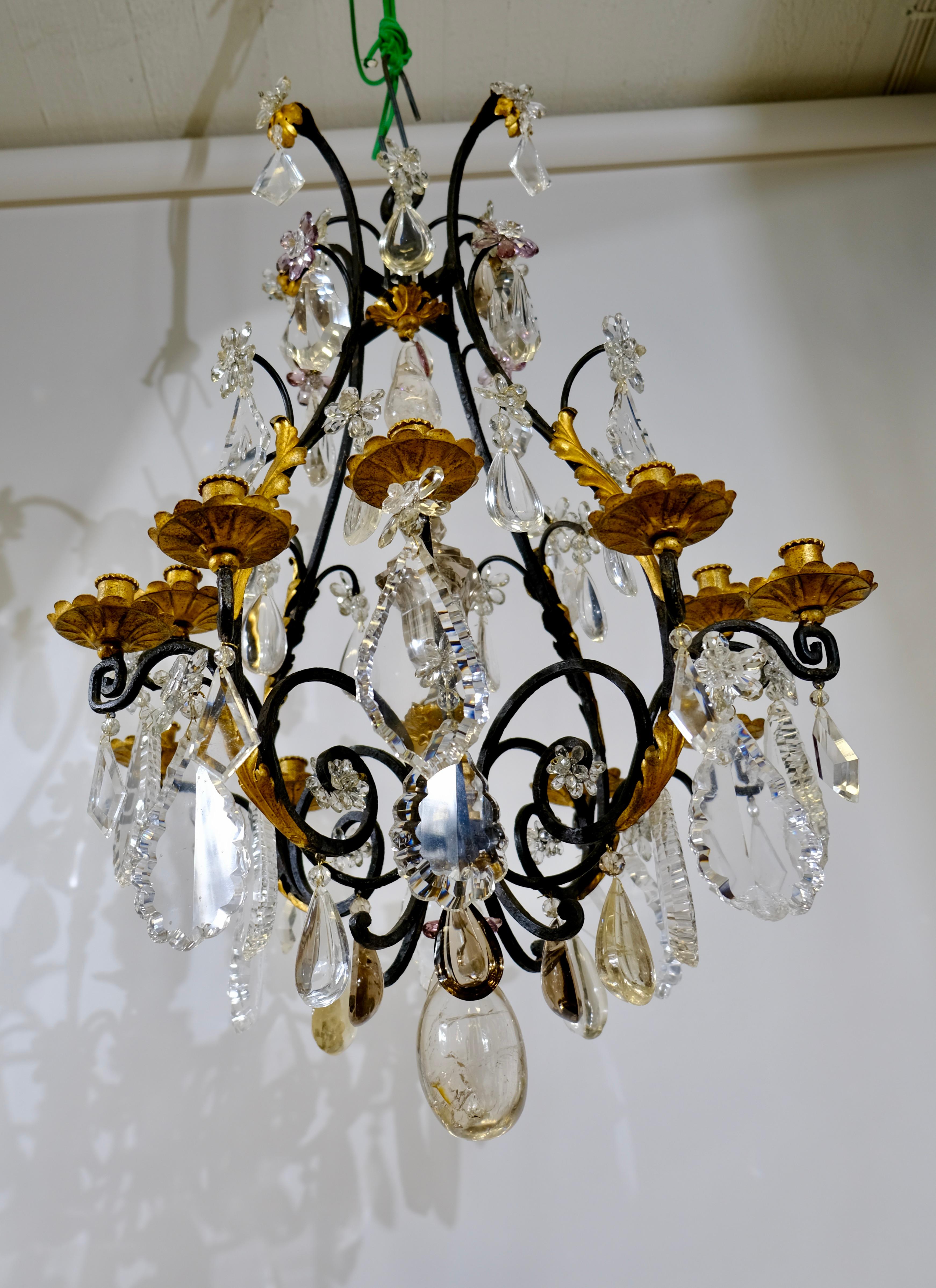 Forged 19th Century Antique Rock Crystal Chandelier