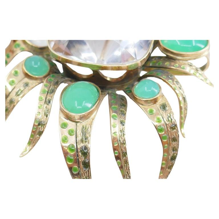 Rock Crystal Chrysoprase Brooch Enamel Pin Pendant 14k Gold Estate Jewelry In Good Condition In Beverly Hills, CA