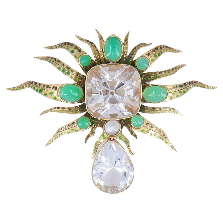 Rock Crystal Chrysoprase Brooch Enamel Pin Pendant 14k Gold Estate Jewelry
