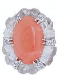 Rock Crystal, Coral, Diamonds, 14 Kt White Gold Earrings.