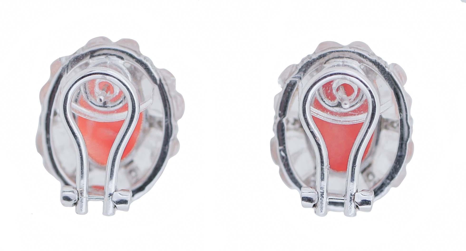 Retro Rock Crystal, Coral, Diamonds, 14 Kt White Gold Earrings. For Sale
