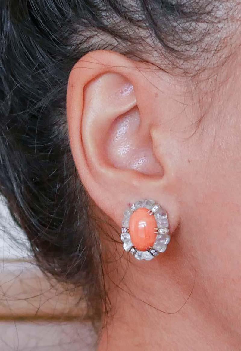 Rock Crystal, Coral, Diamonds, 14 Kt White Gold Earrings. In Good Condition For Sale In Marcianise, Marcianise (CE)