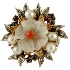 Rock Crystal, Coral, Diamonds, Rubies, Sapphires, Pearls Rose Gold and Silver Ring