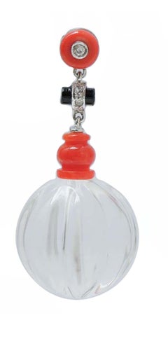 Rock Crystal, Coral, Onyx, Diamonds, Platinum Earrings.