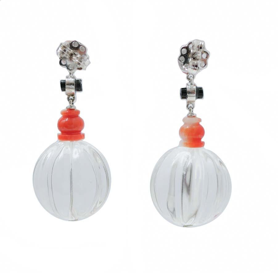 Retro Rock Crystal, Coral, Onyx, Diamonds, Platinum Earrings. For Sale