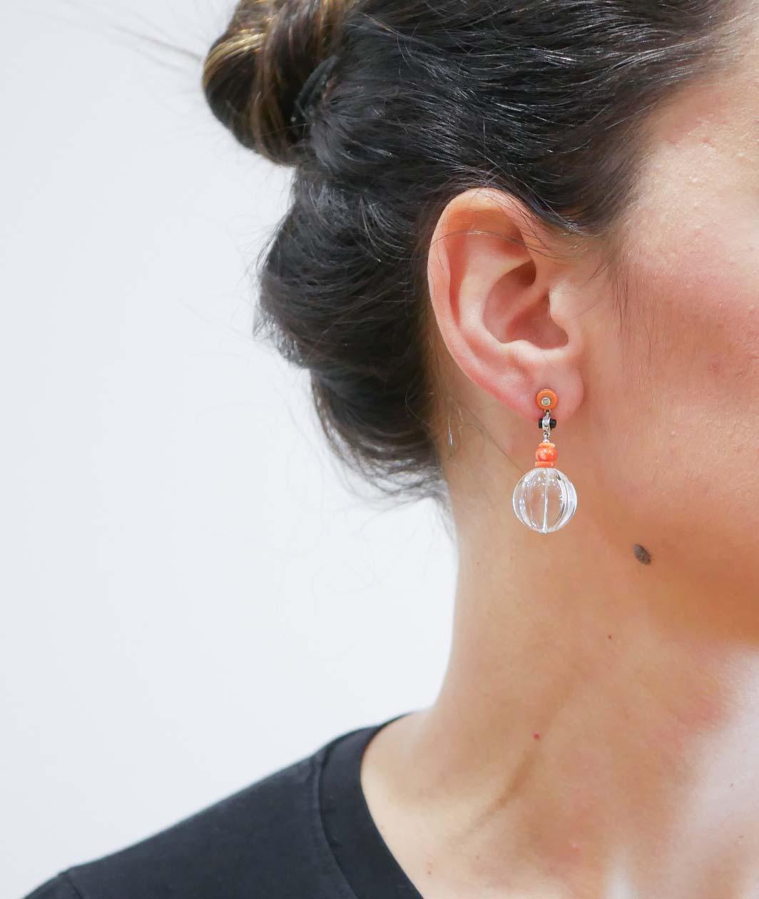 Mixed Cut Rock Crystal, Coral, Onyx, Diamonds, Platinum Earrings. For Sale