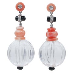 Rock Crystal, Coral, Onyx, Diamonds, Platinum Earrings