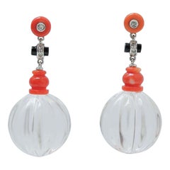 Rock Crystal, Coral, Onyx, Diamonds, Platinum Earrings.