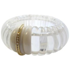 Rock Crystal, Diamond, Yellow Gold Scalloped Design Italian Cuff Bangle Bracelet