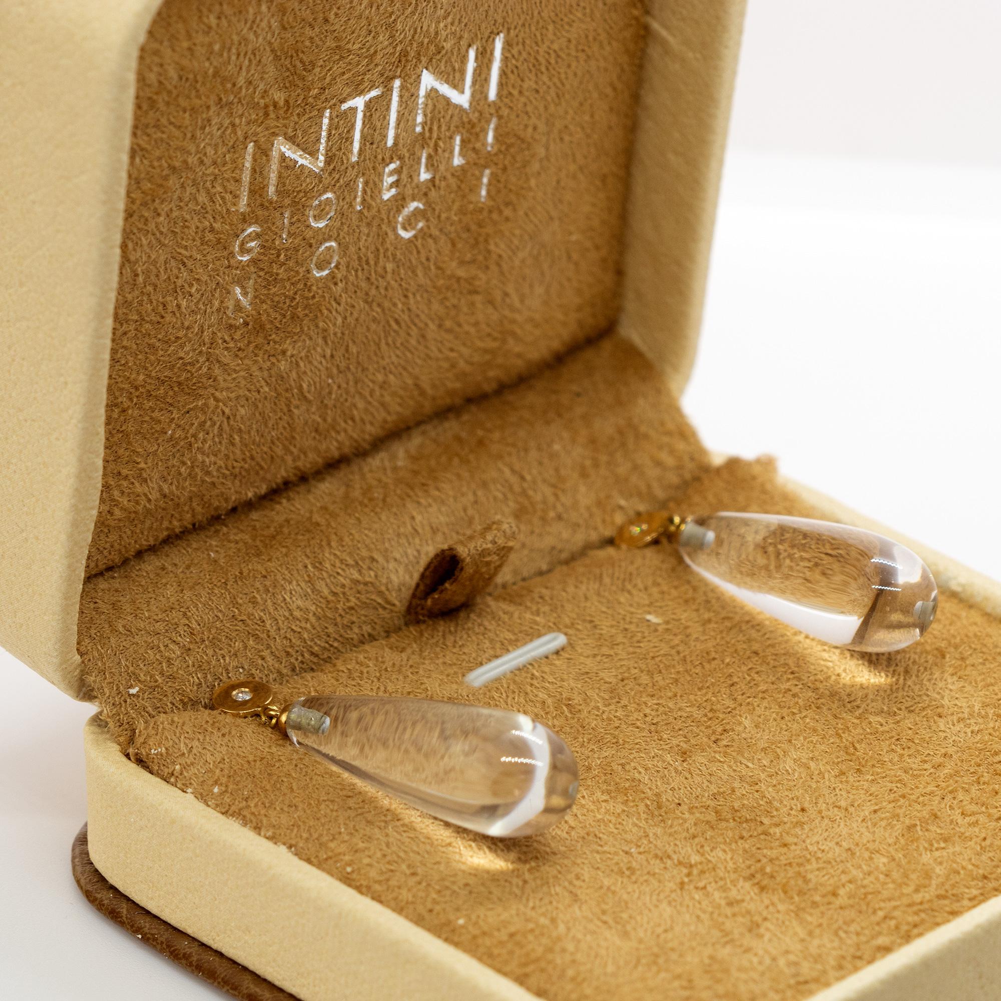 Art Nouveau Rock Crystal Diamond 18 Karat Gold Tear Drop Dangle Modern Italian Chic Earrings For Sale