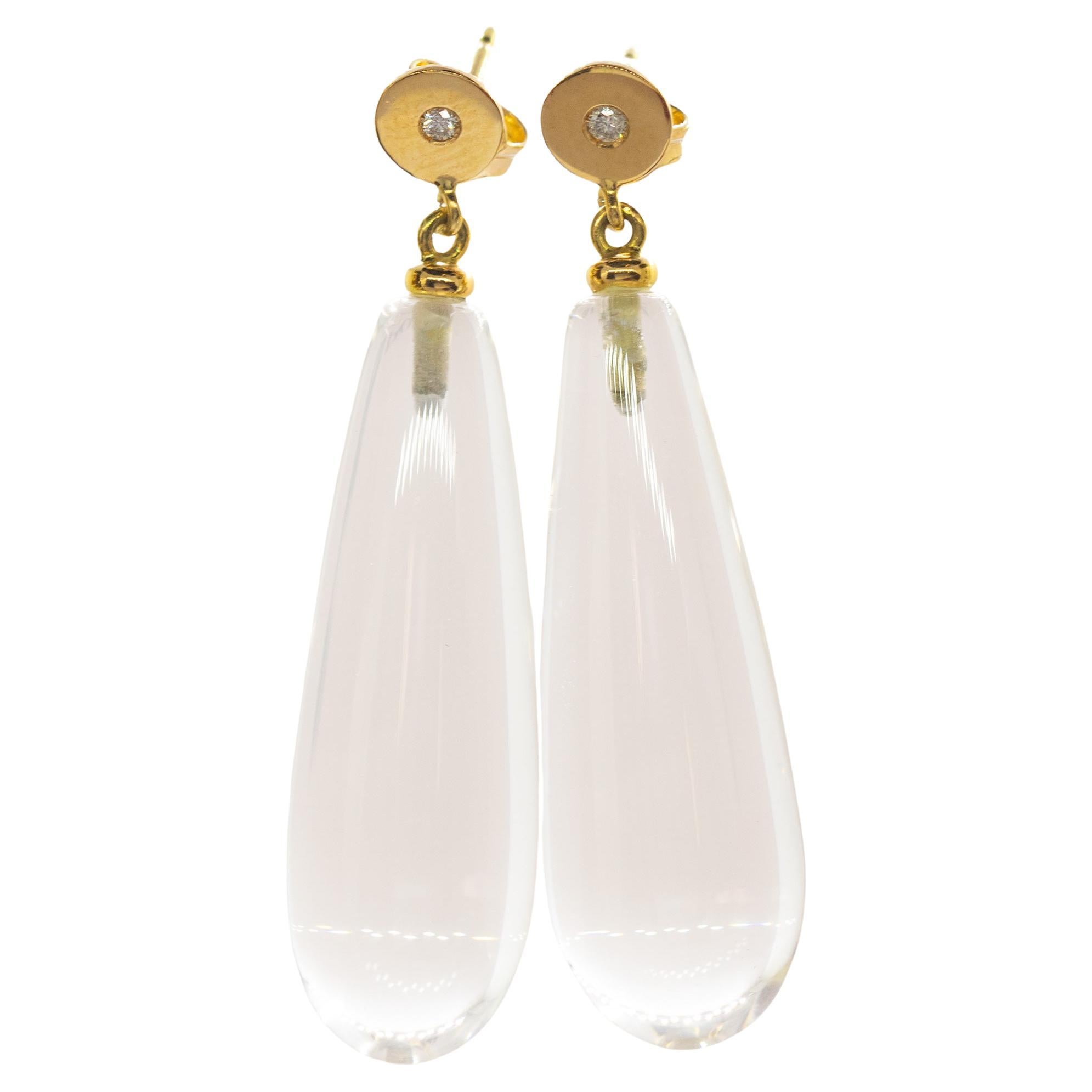 Rock Crystal Diamond 18 Karat Gold Tear Drop Dangle Modern Italian Chic Earrings For Sale
