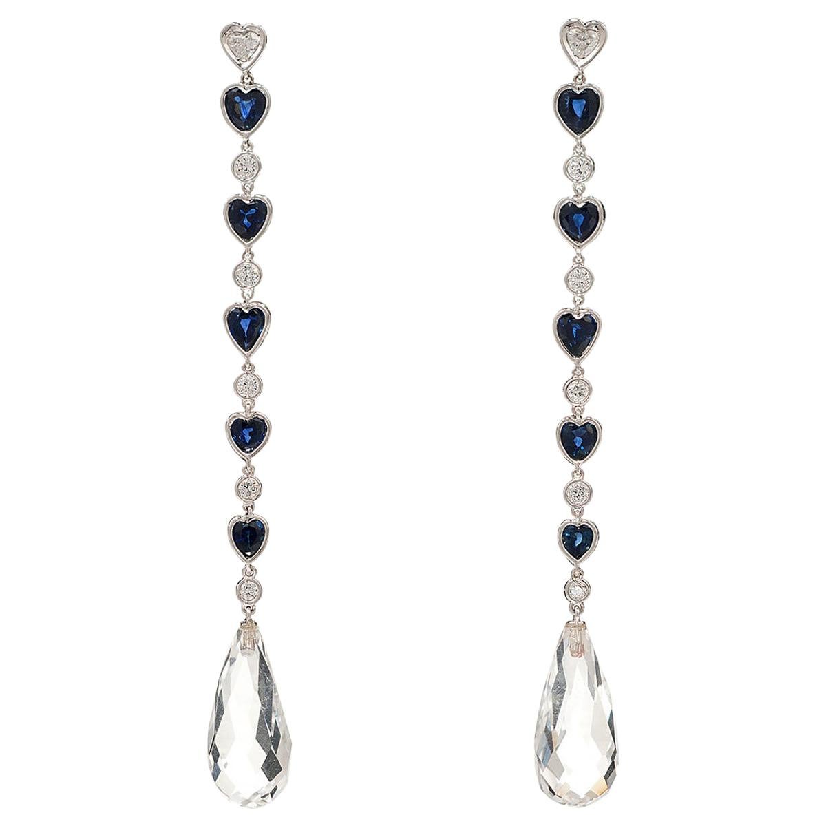 Rock Crystal Diamond Sapphire White Gold Drop Earrings For Sale