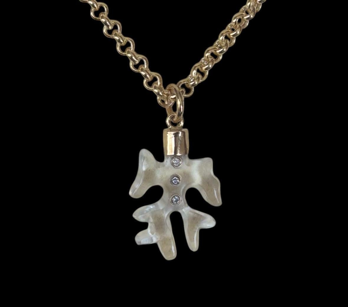 Large Rock Crystal & Diamond CORAL SHAPED Pedant with Custom 14k Gold Cap & Bail For Sale 8