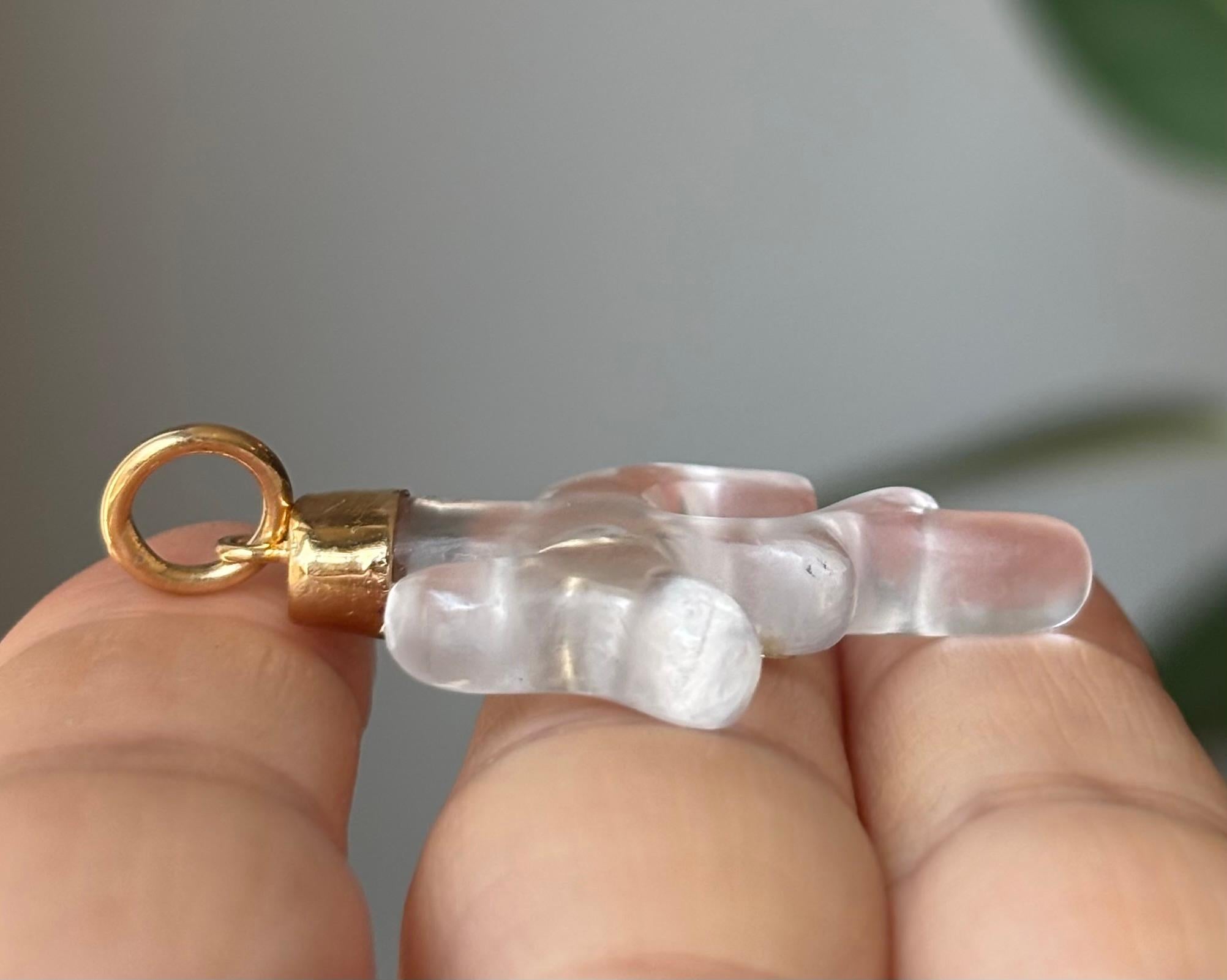 Women's or Men's Large Rock Crystal & Diamond CORAL SHAPED Pedant with Custom 14k Gold Cap & Bail For Sale