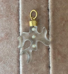 Large Rock Crystal & Diamond CORAL SHAPED Pedant with Custom 14k Gold Cap & Bail