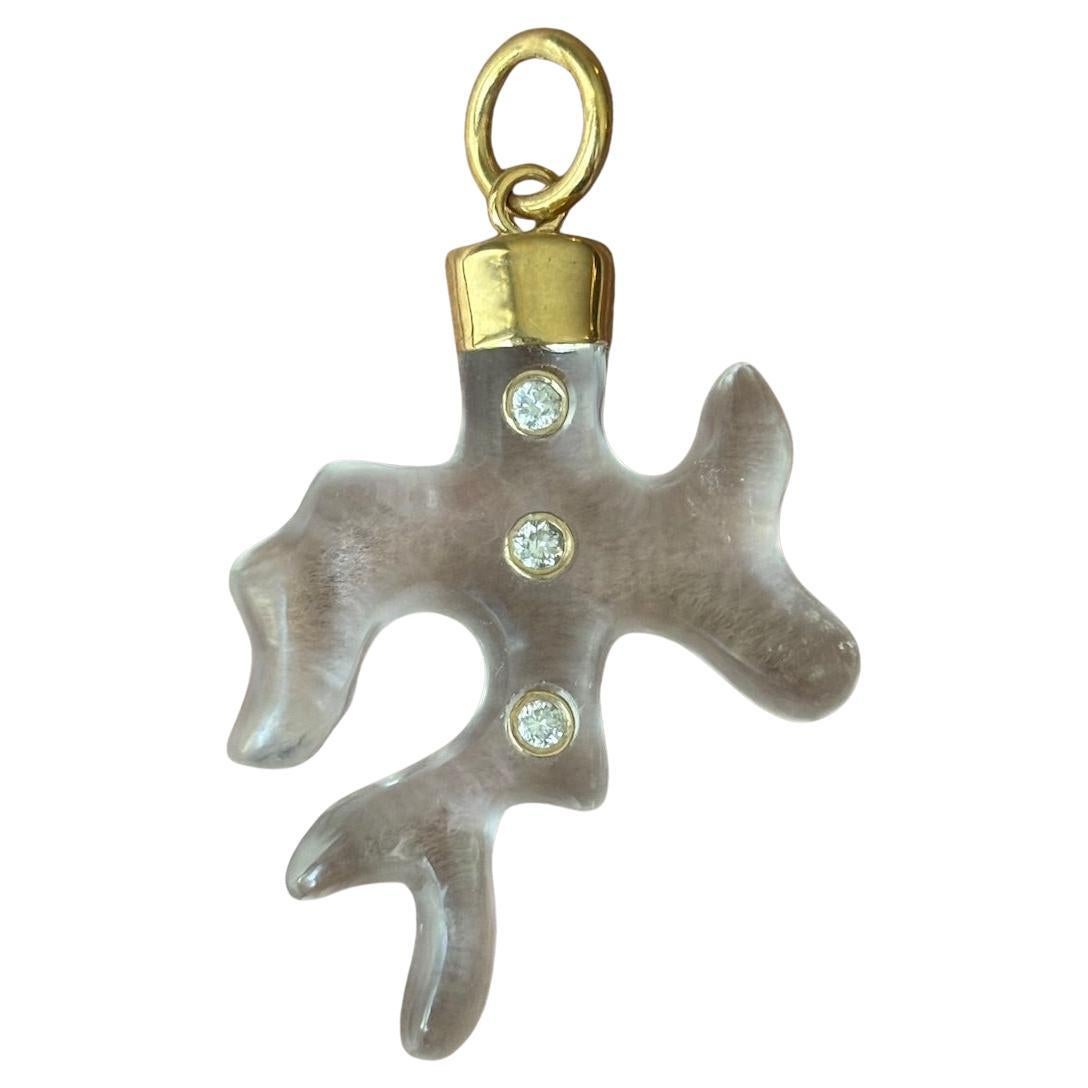 Mixed Cut Large Rock Crystal & Diamond CORAL SHAPED Pedant with Custom 14k Gold Cap & Bail For Sale