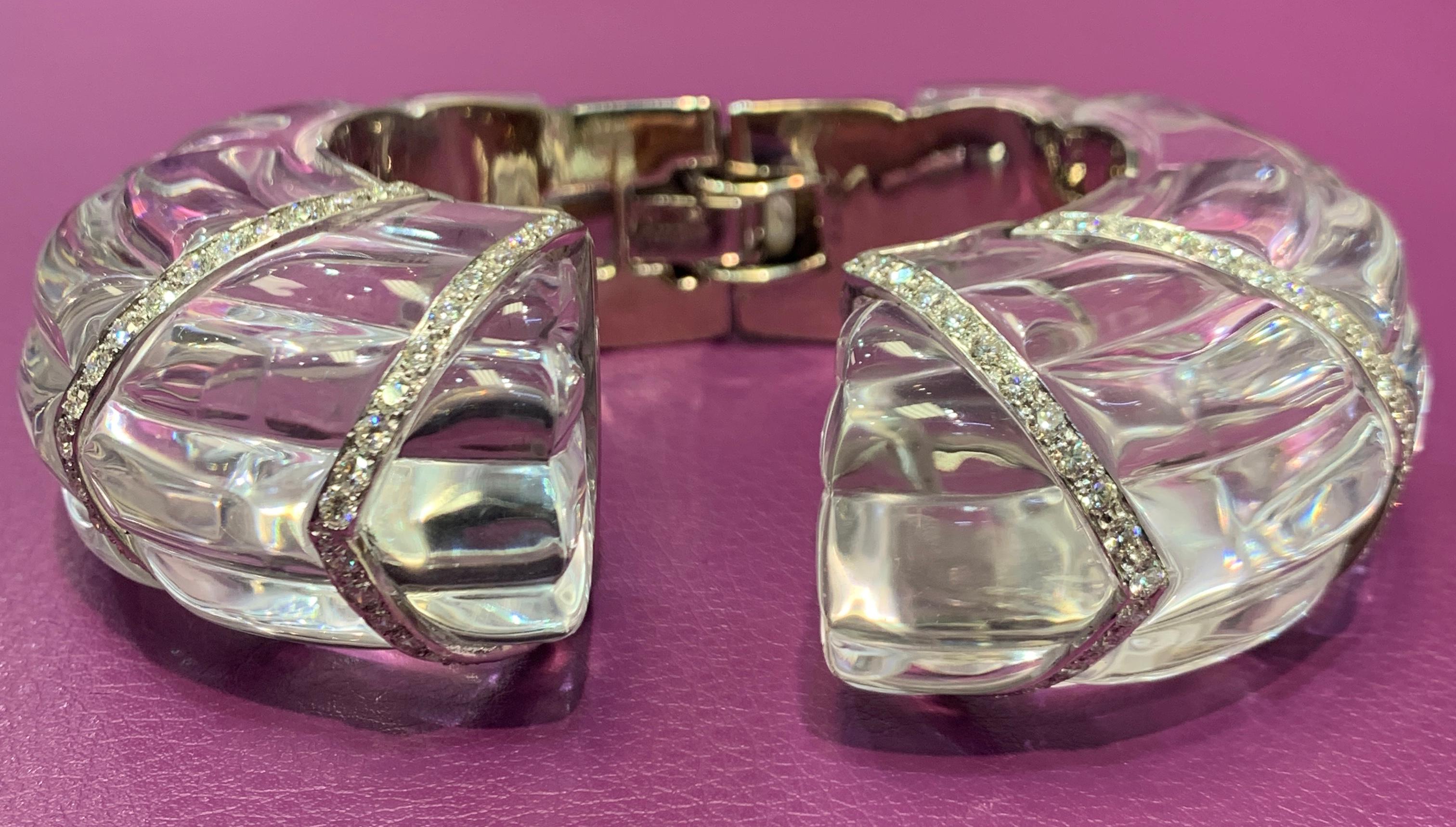 Round Cut Rock Crystal and Diamond Cuff Bracelet For Sale