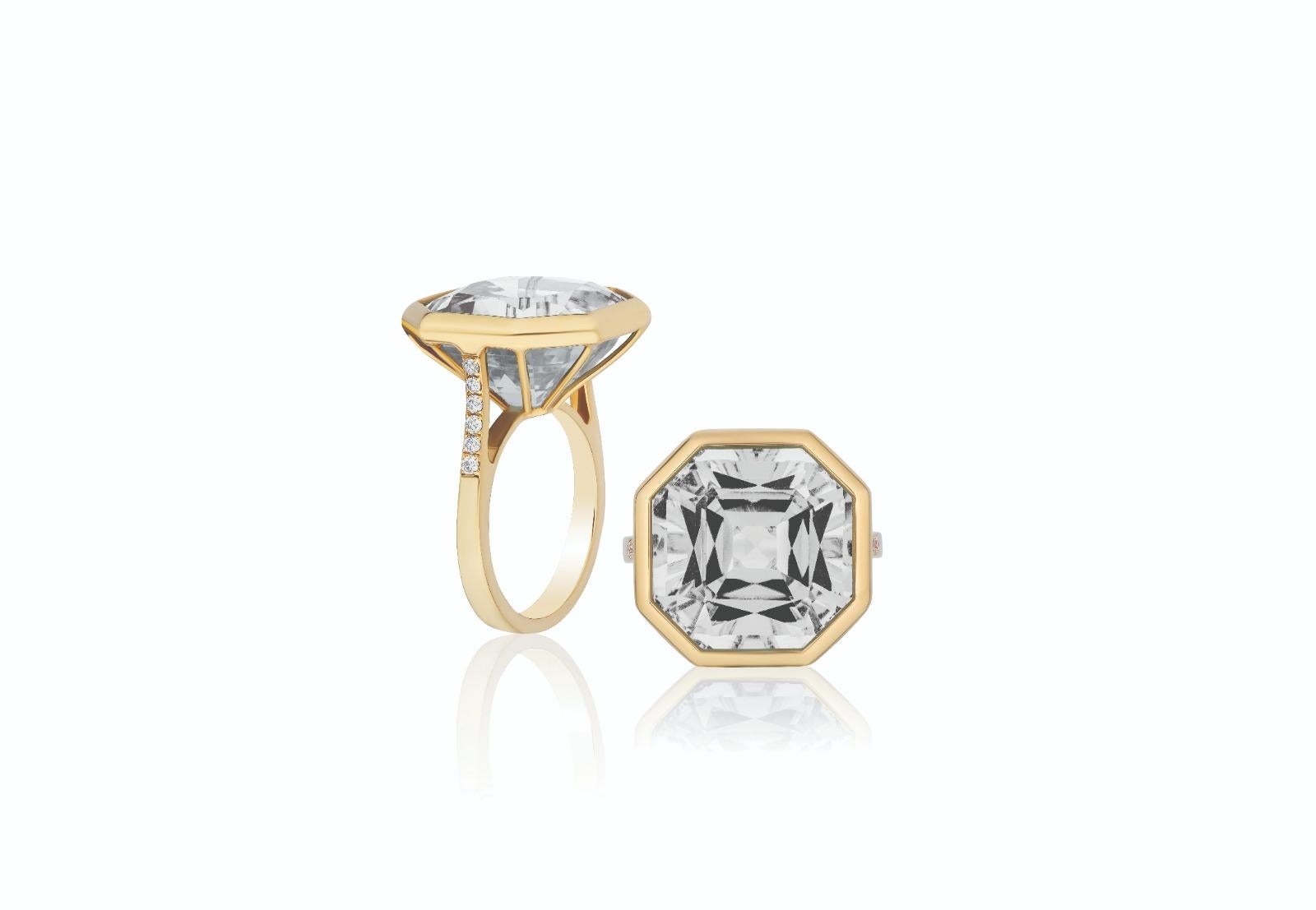 For Sale:  Rock Crystal & Diamond Octagon Ring in 18K Yellow Gold 5