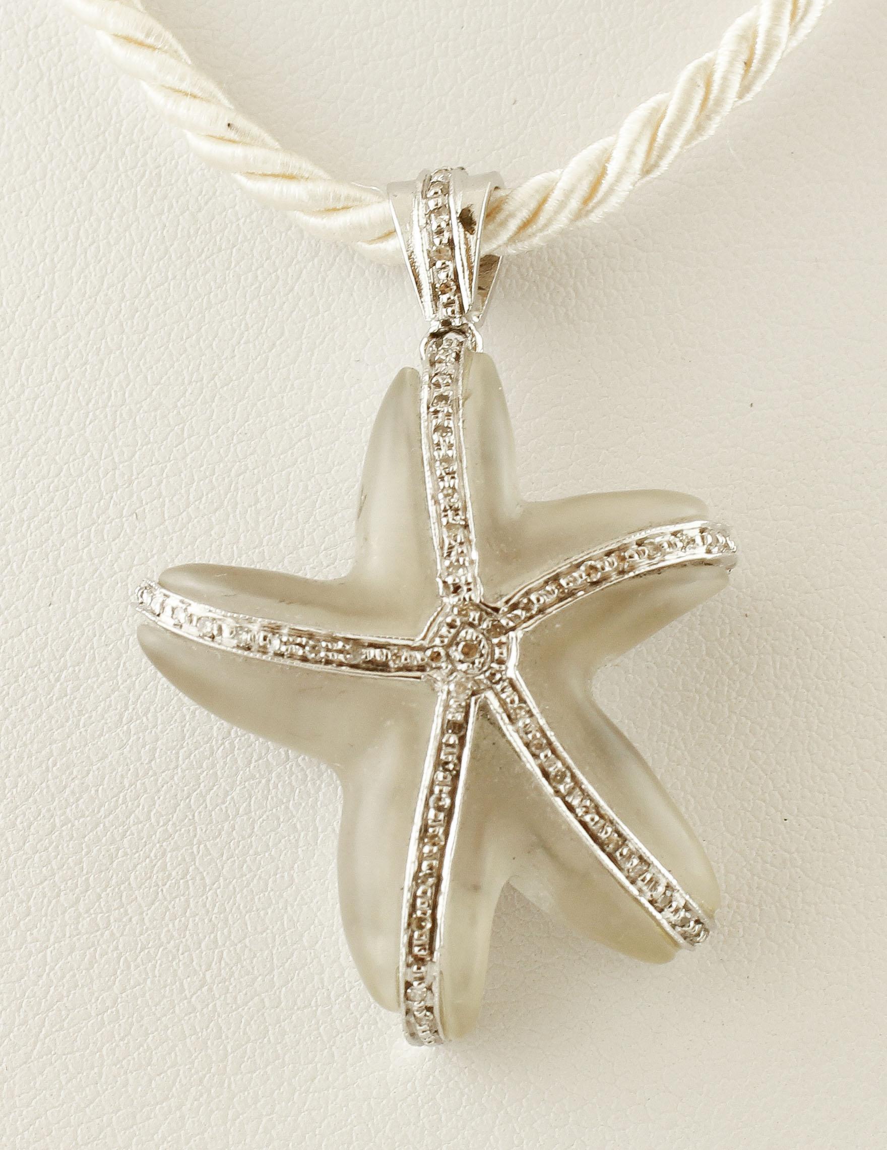 Charming and delightful,  starfish shaped rock crystal(3.90gr) pendant, embellished with stripes of shiny diamonds(0.23Kt) on it, all is mounted in 14Kt white gold. tot weight 11.7 gr
R.f. 514008

For any enquires, please contact the seller through